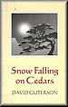 snow falling on cedars